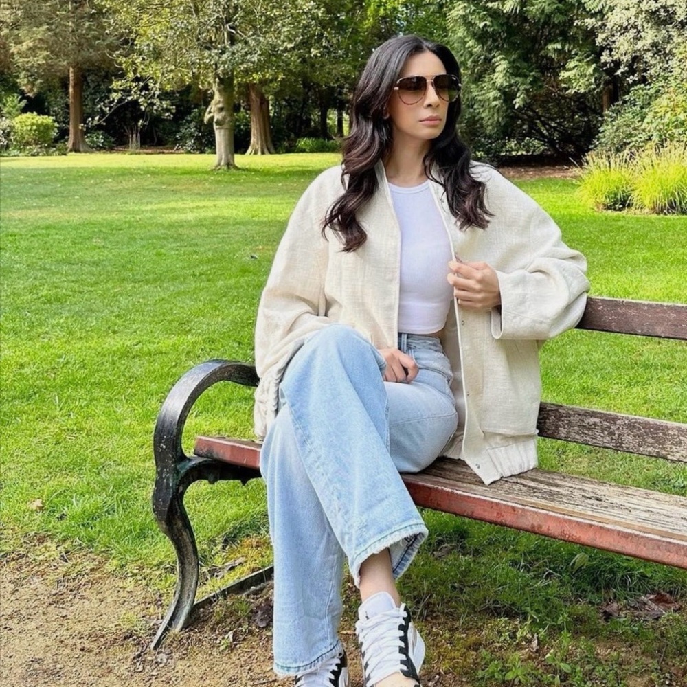 ZARA Linen Blend Bomber Jacket w/ Pockets Light Beige S/M Oversized Bloggers Fav - Picture 14 of 14